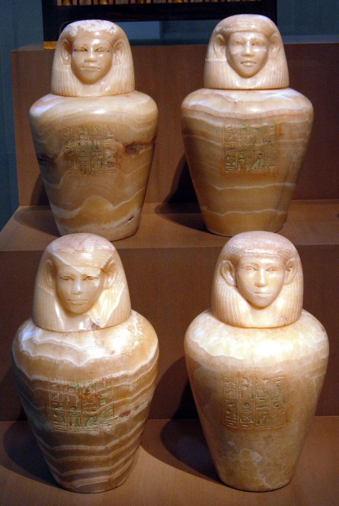 Canopic Jars of Princess Sithathoryunet, Middle Kingdom, Dynasty 12, reign of Senwosret II–Amenemhat III, ca. 1887–1813 B.C. From Egypt, Fayum Entrance Area, Lahun, Tomb of Sithathoryunet (BSA Tomb 8), Egypt Exploration Society excavations, 1914. Travertine (Egyptian alabaster), paint, H. 37.4 cm (14 3/4 in.); Diam 21.5 cm (8 7/16 in.) Metropolitan Museum of Art, Purchase, Rogers Fund and Henry Walters Gift, 1916, 16.1.45. Image courtesy of Metropolitan Museum of Art, www.metmuseum.org