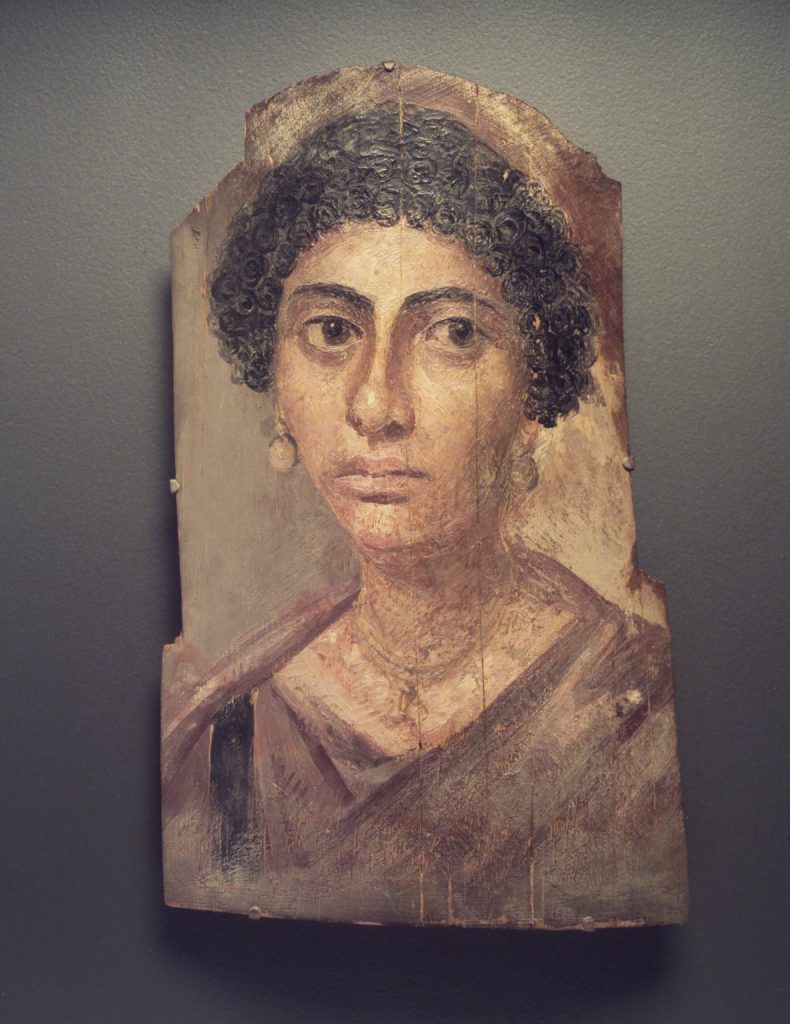 Funerary Portrait of a Woman, 100-105 C.E. Encaustic on wood, 15 1/4 x 9 1/8 x 1/16 in. (38.8 x 23.2 x 0.2 cm). Brooklyn Museum, Bequest of Mrs. Carl L. Selden, 1996.146.9. Image courtesy of Brooklyn Museum, www.brooklynmuseum.org.