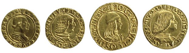 Four gold ducats of the Sforza dukes of Milan, Italy, 1450-1501. Image courtesy of British Museum.