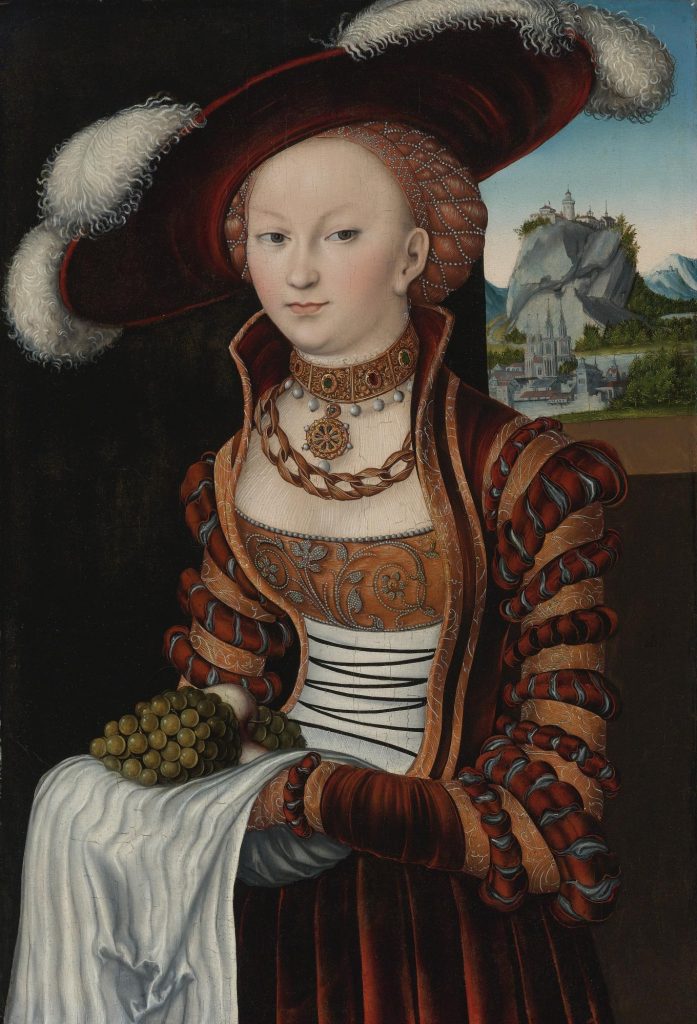 Lucas Cranach the Elder (German, ca. 1472-1553). Portrait of a Young Lady Holding Apples and Grapes, ca. 1528. Oil on panel transferred with canvas, 81.6 x 55 cm. (32.1 x 21.7 in.) Private Collection.